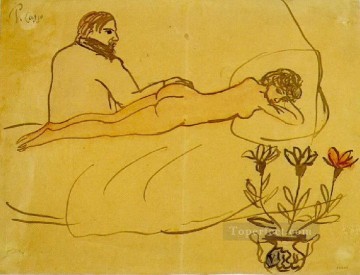 パブロ・ピカソ Painting - 横たわる裸婦と座るピカソ 1902年 パブロ・ピカソ
